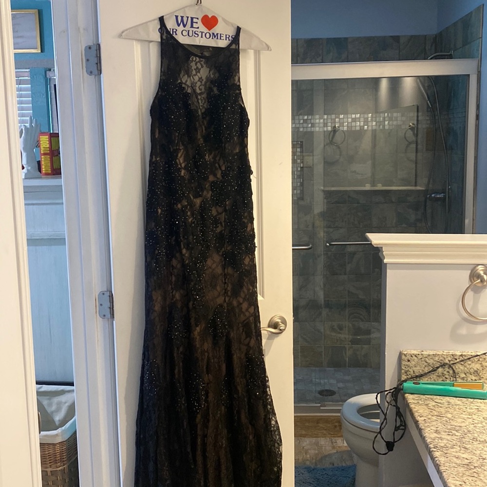 Backless black lace prom dress